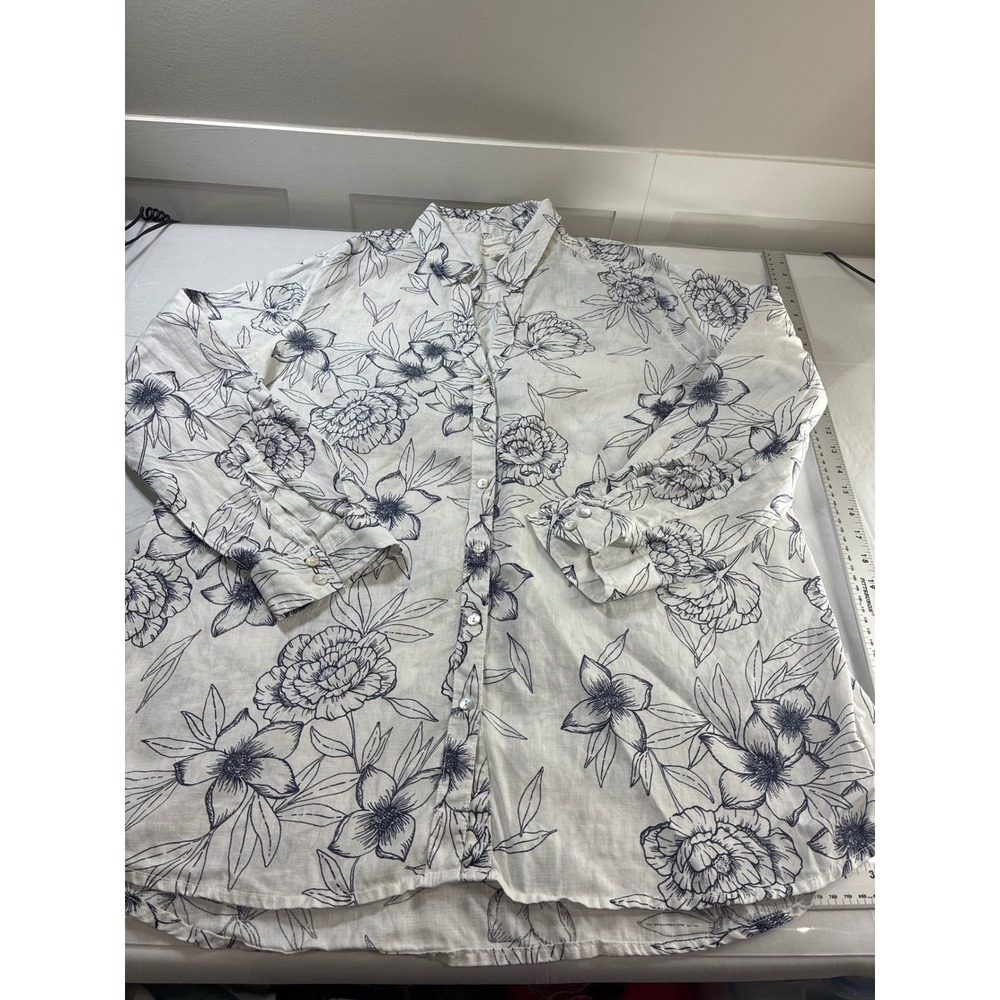 Rachel Ashwell Womens Large Linen Button Down Shirt Floral Botanical Navy White - Picture 1 of 11